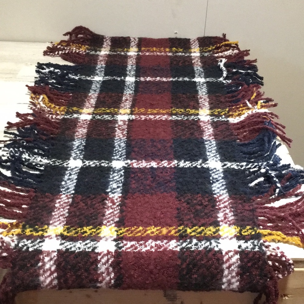 Navy burgundy yellow white plaid infinity scarf with fringe.